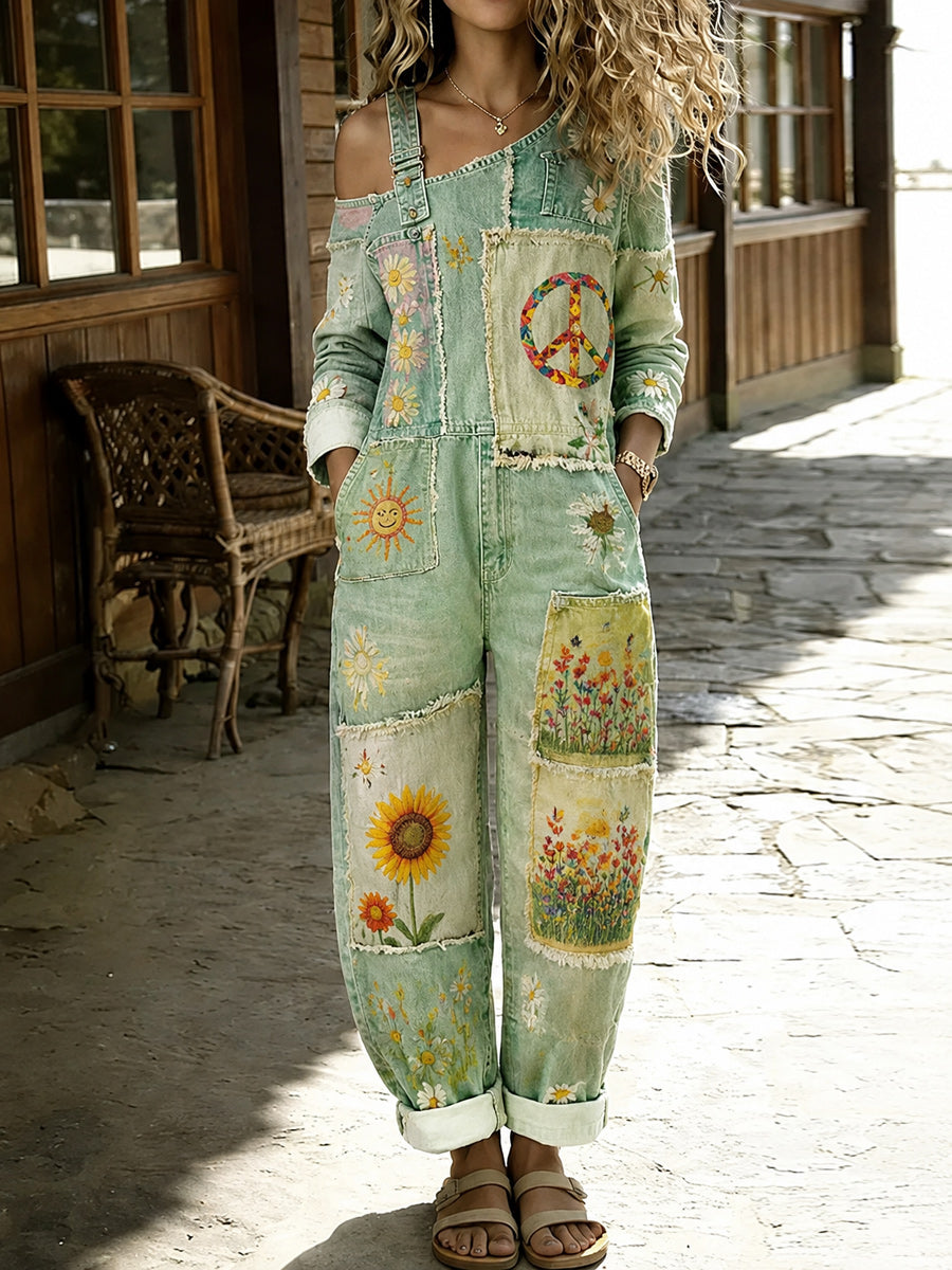 Women's Retro Art Print Washed Cotton Denim Patchwork Jumpsuit